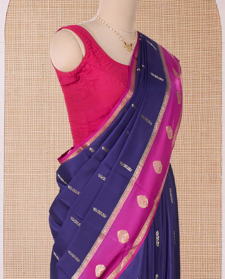 Blue zari buttas Mysore silk saree, contrast traditional zari border, and jaal pallu