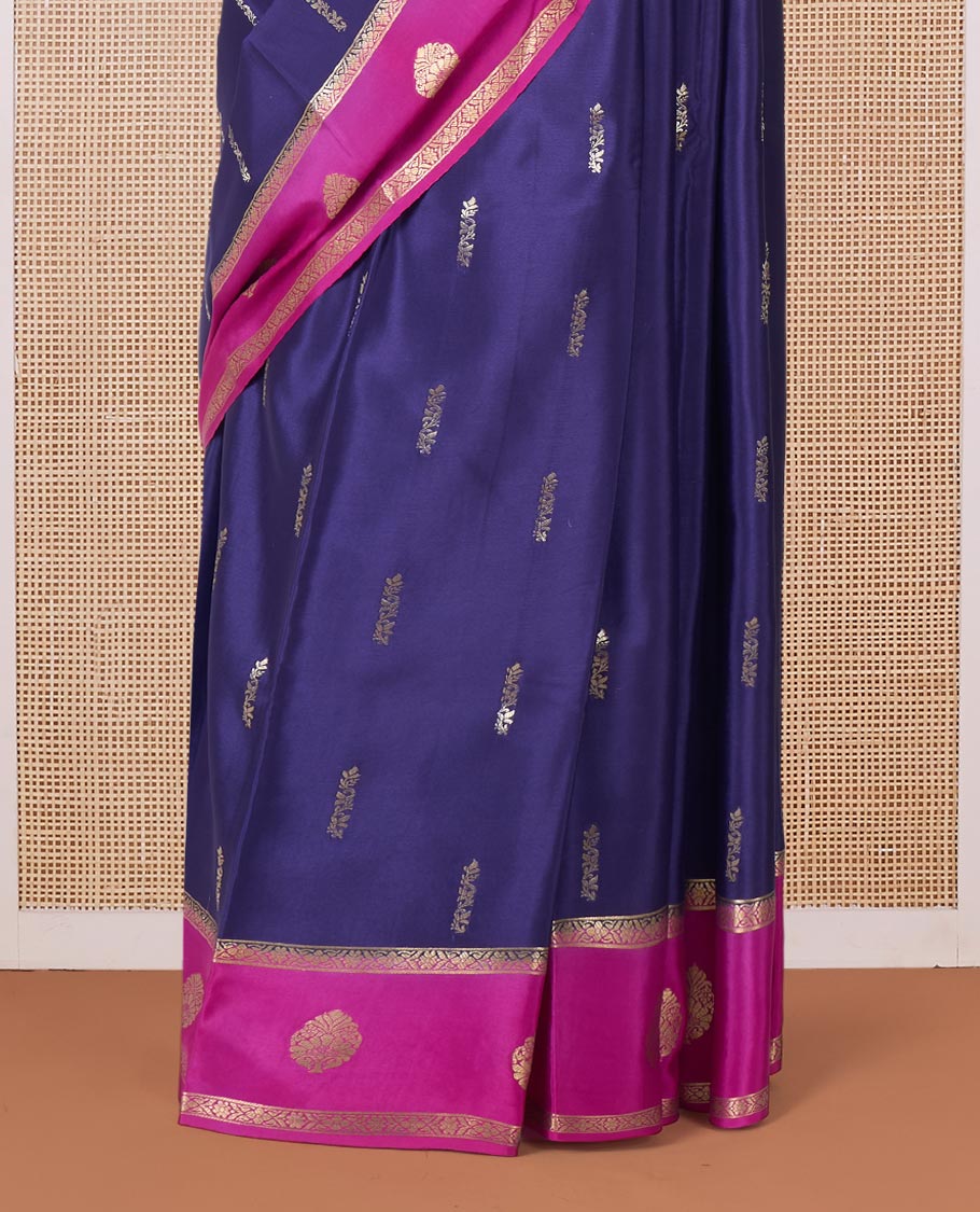 Blue zari buttas Mysore silk saree, contrast traditional zari border, and jaal pallu
