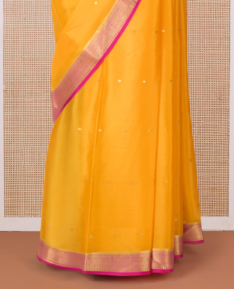 Orange zari buttas Mysore silk saree, contrast traditional zari border, and zari design pallu