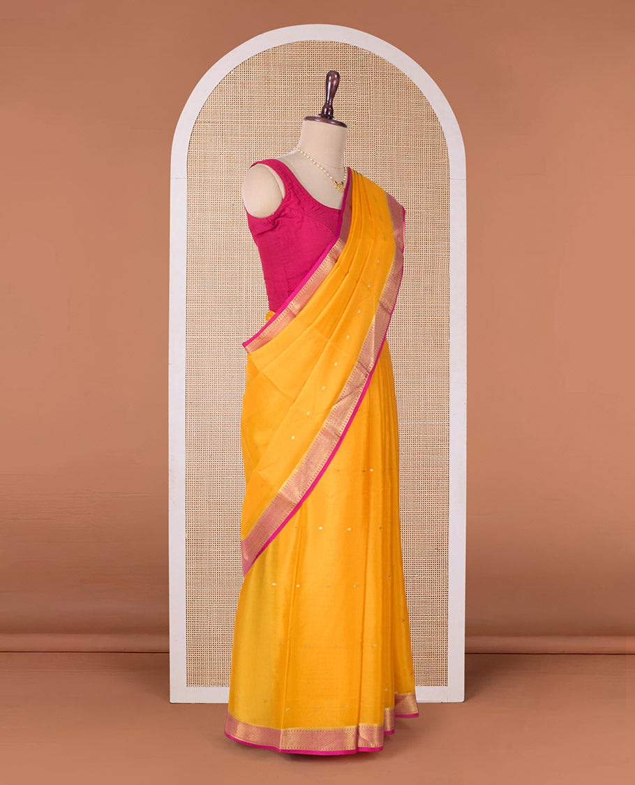 Orange zari buttas Mysore silk saree, contrast traditional zari border, and zari design pallu