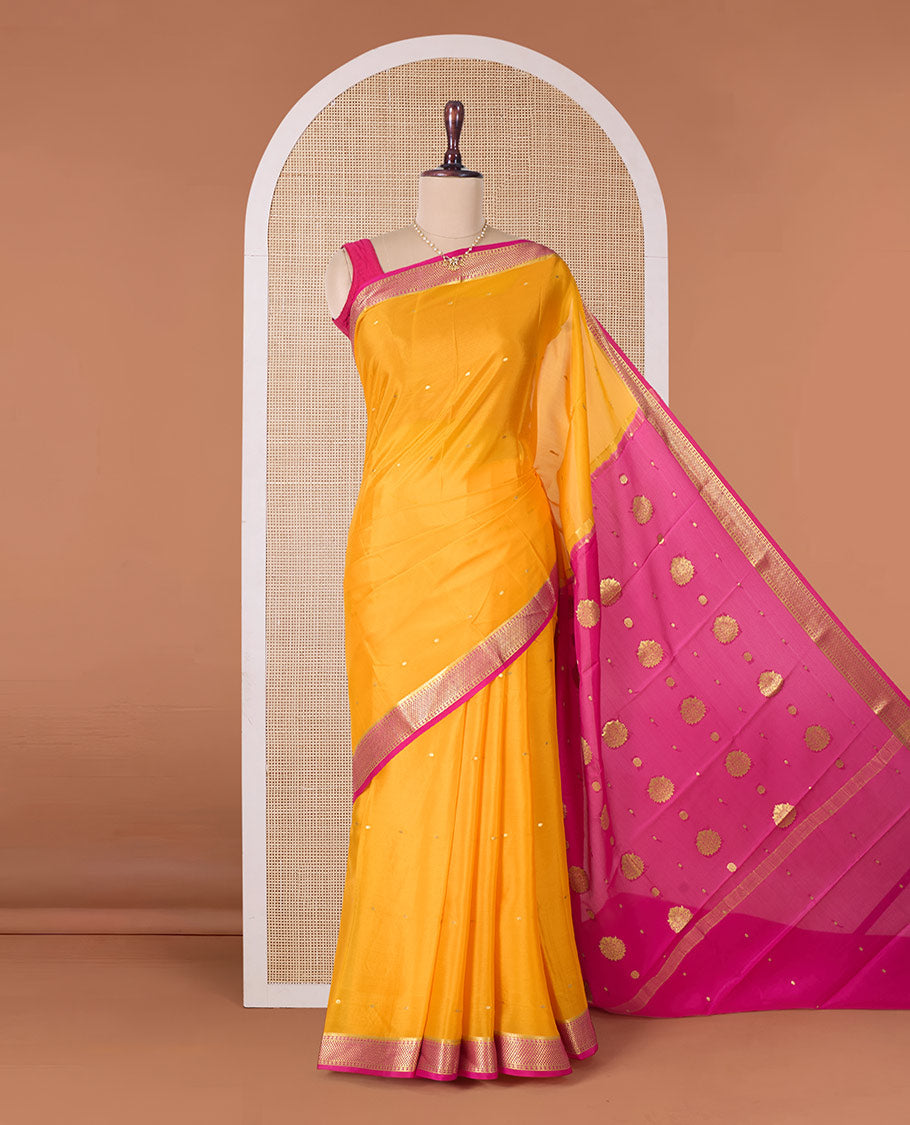 Orange zari buttas Mysore silk saree, contrast traditional zari border, and zari design pallu