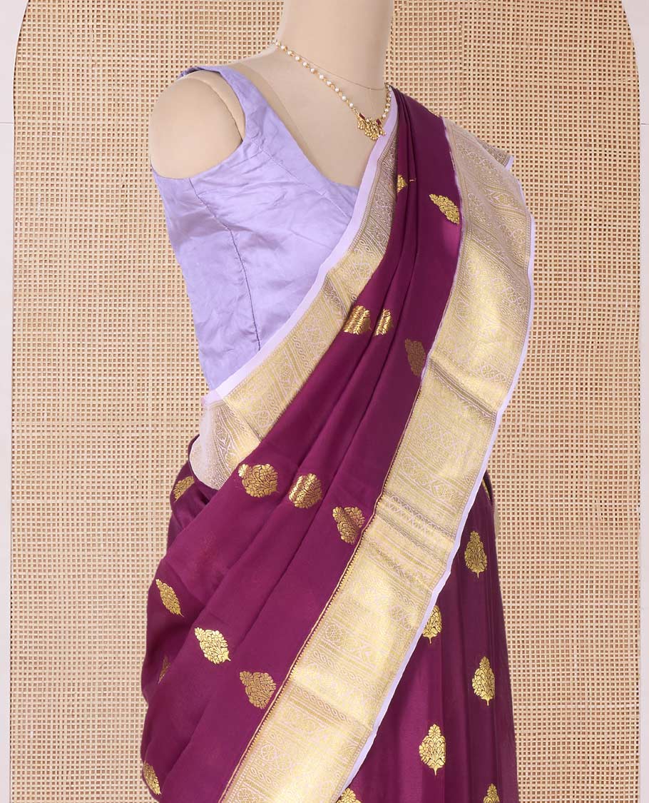 Maroon zari buttas Mysore silk saree, contrast traditional zari border, and jaal pallu