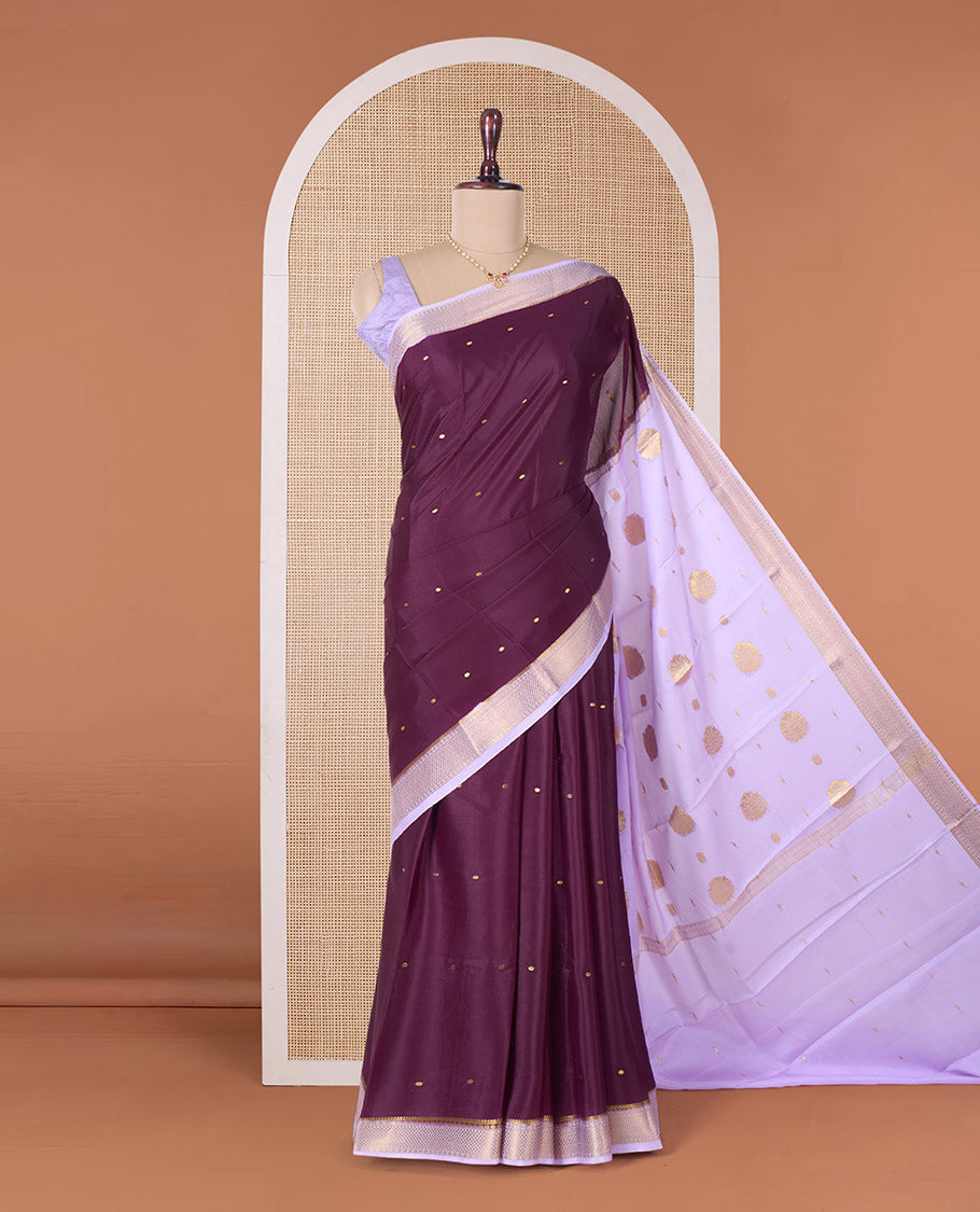 Maroon zari buttas Mysore silk saree, contrast traditional zari border, and pallu of zari designs
