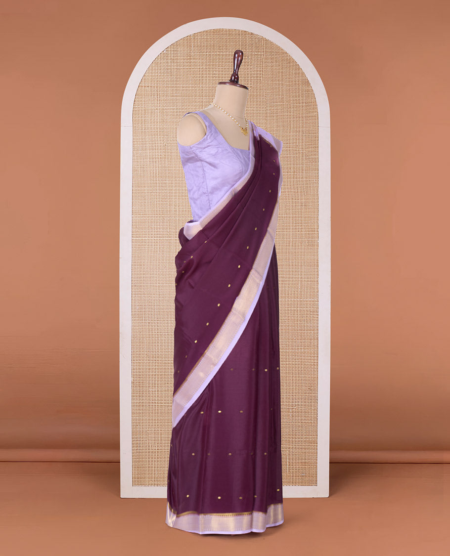 Maroon zari buttas Mysore silk saree, contrast traditional zari border, and pallu of zari designs