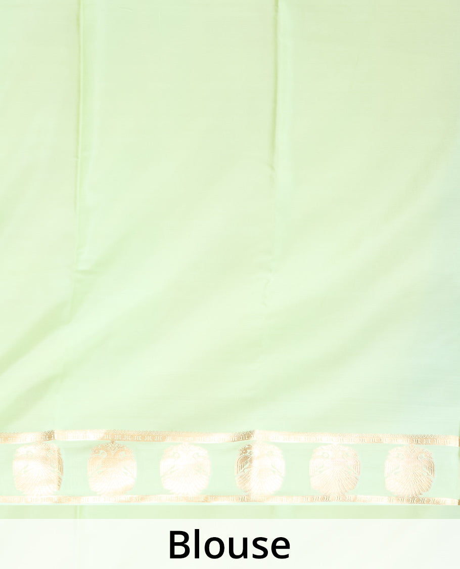 Blue plain Mysore silk saree, contrast two-headed eagle motifs zari woven border, and intricate pallu