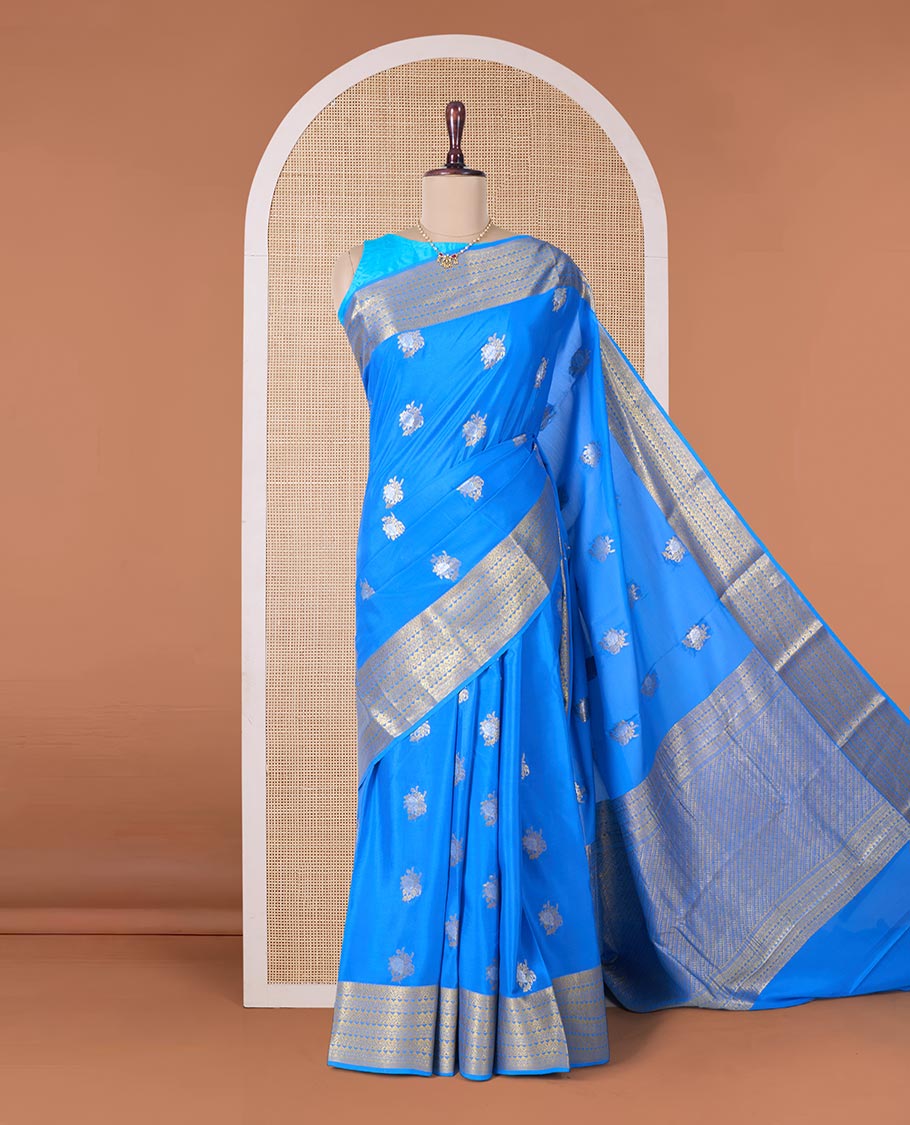 Blue zari buttas Mysore silk saree, traditional zari border, and pallu