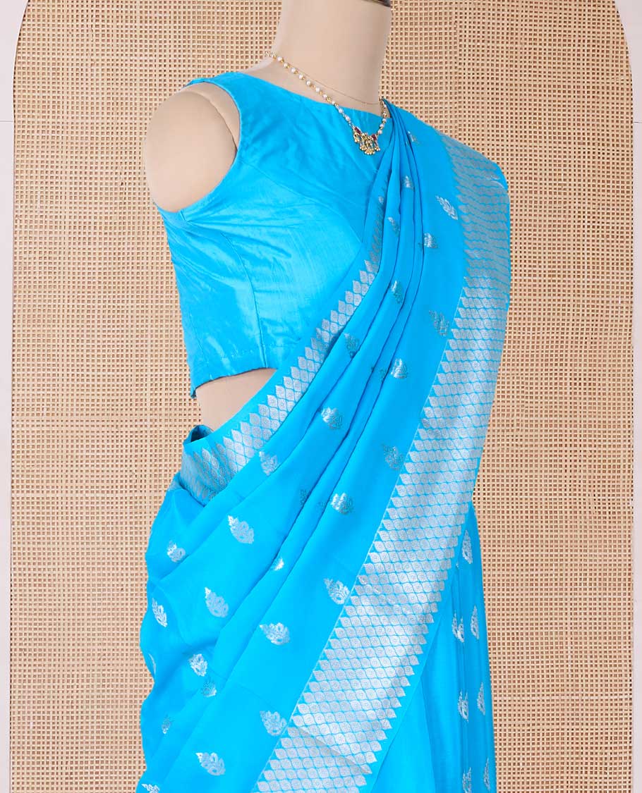 Blue zari buttas Mysore silk saree, peacock eye border, and pallu of jaal design