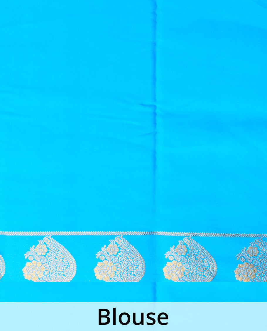 Pink plain Mysore silk saree, contrast paisley motifs border, and striped pallu