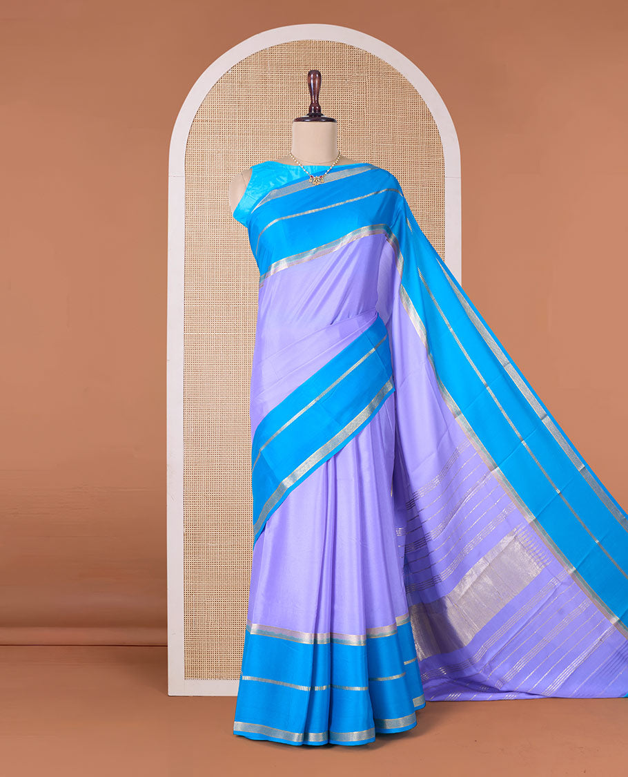 Violet plain Mysore silk saree, contrast rettai pettu traditional zari border, and striped pallu