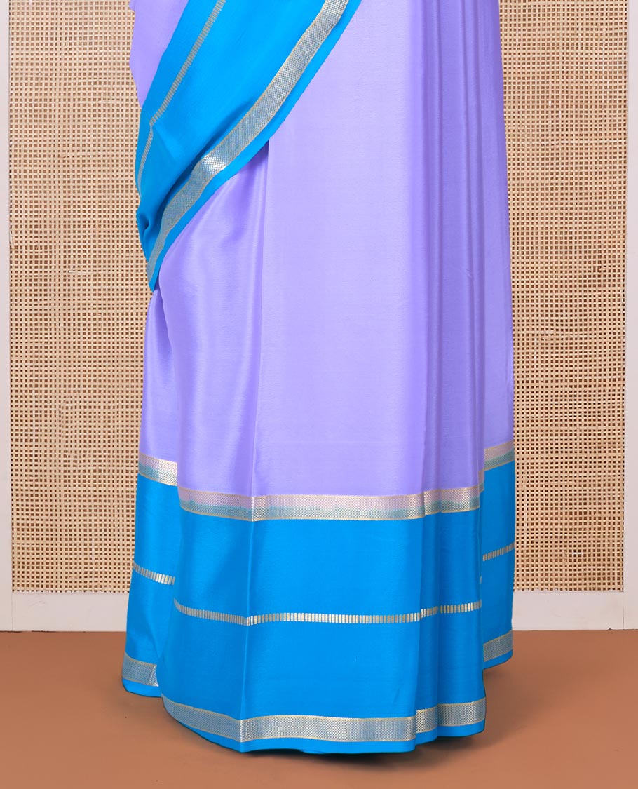 Violet plain Mysore silk saree, contrast rettai pettu traditional zari border, and striped pallu