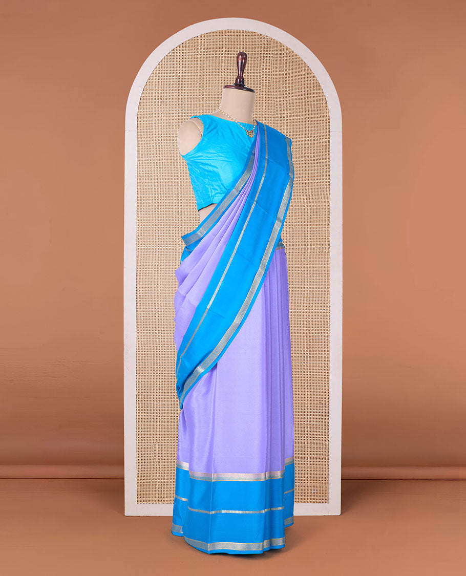 Violet plain Mysore silk saree, contrast rettai pettu traditional zari border, and striped pallu