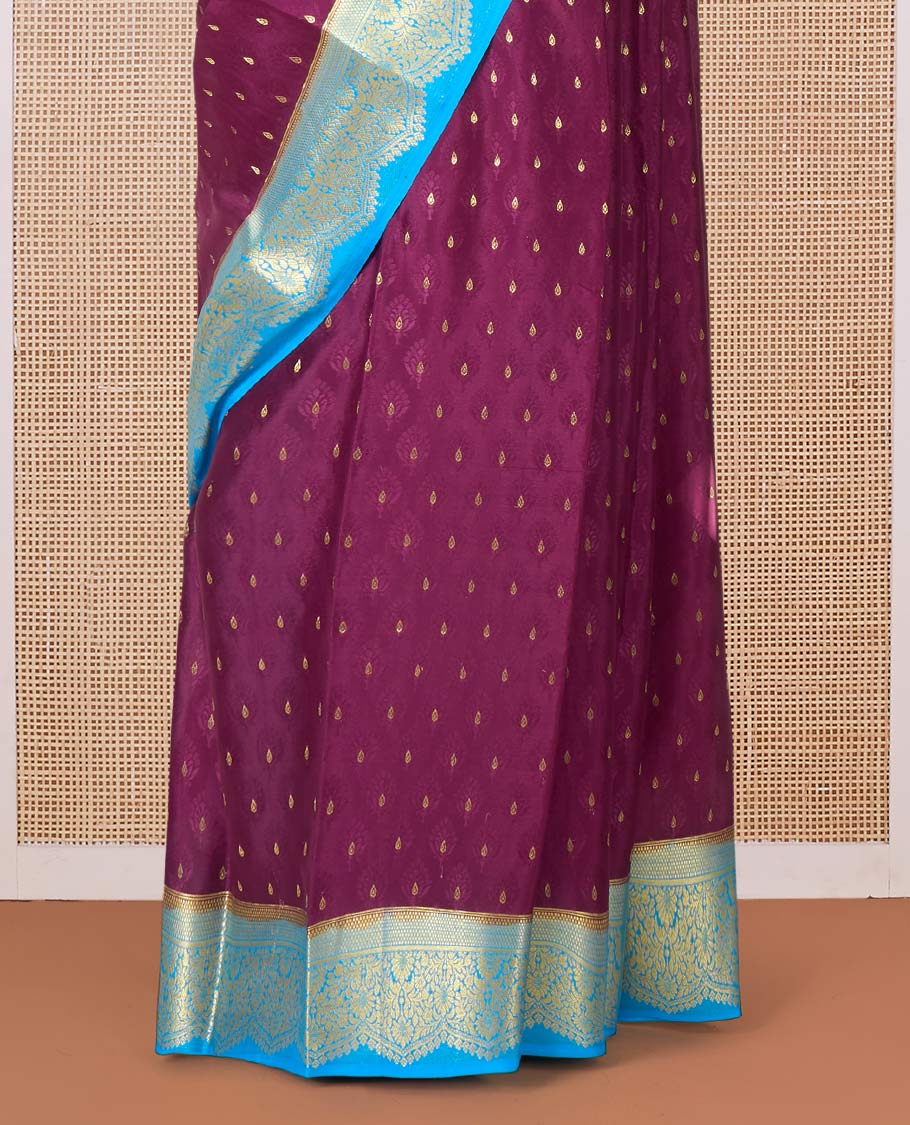 Maroon zari buttas Mysore silk saree, contrast traditional zari border, and floral jaal pallu