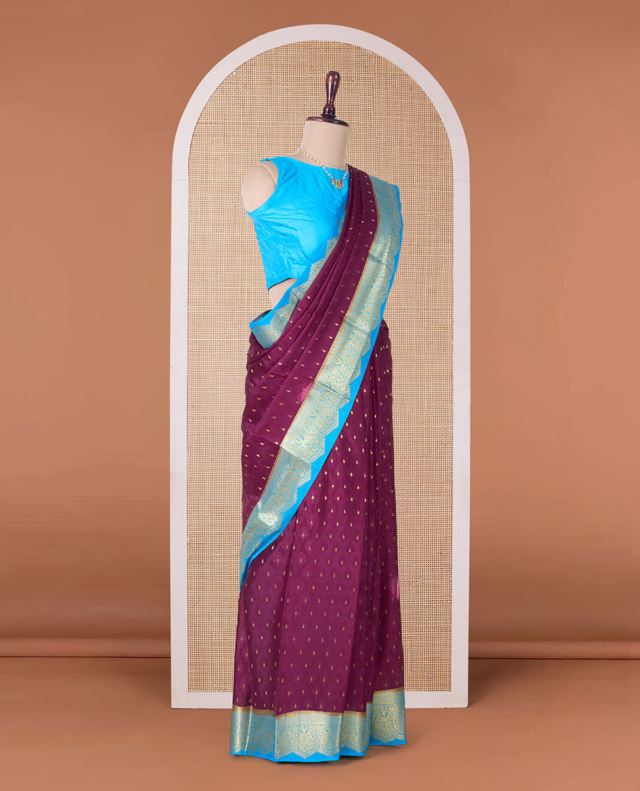 Maroon zari buttas Mysore silk saree, contrast traditional zari border, and floral jaal pallu