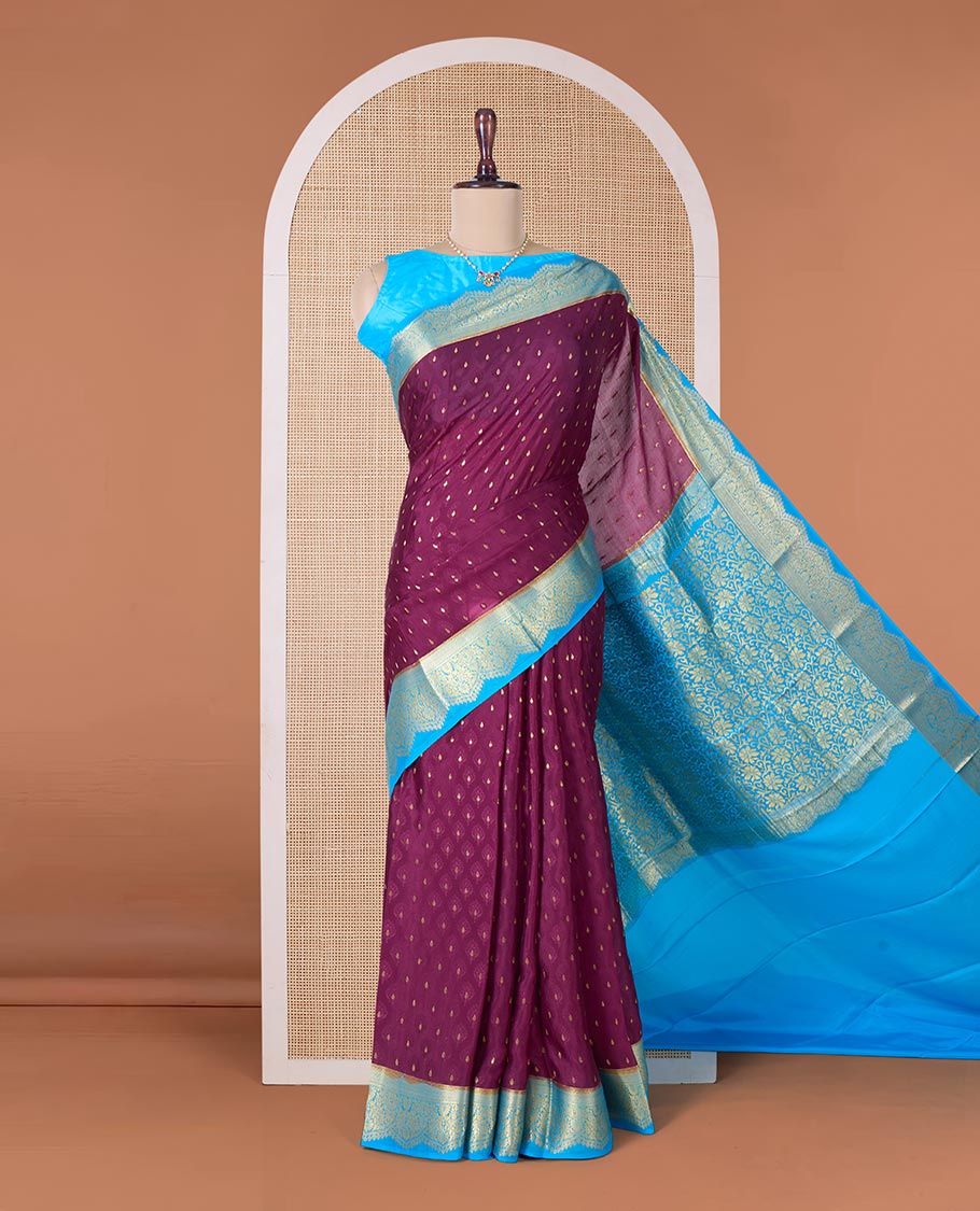 Maroon zari buttas Mysore silk saree, contrast traditional zari border, and floral jaal pallu