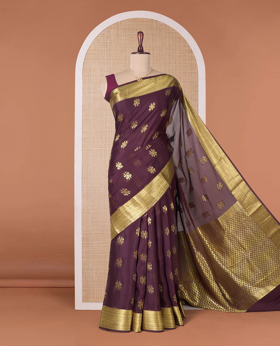 Maroon floral jaal jacquard Mysore silk saree, jaal patterned border, and jaal pallu