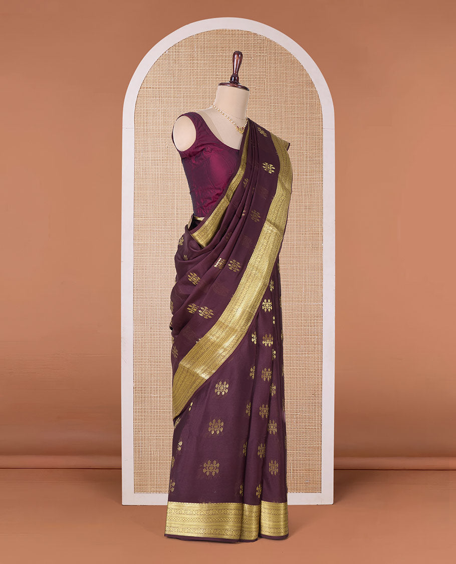 Maroon floral jaal jacquard Mysore silk saree, jaal patterned border, and jaal pallu