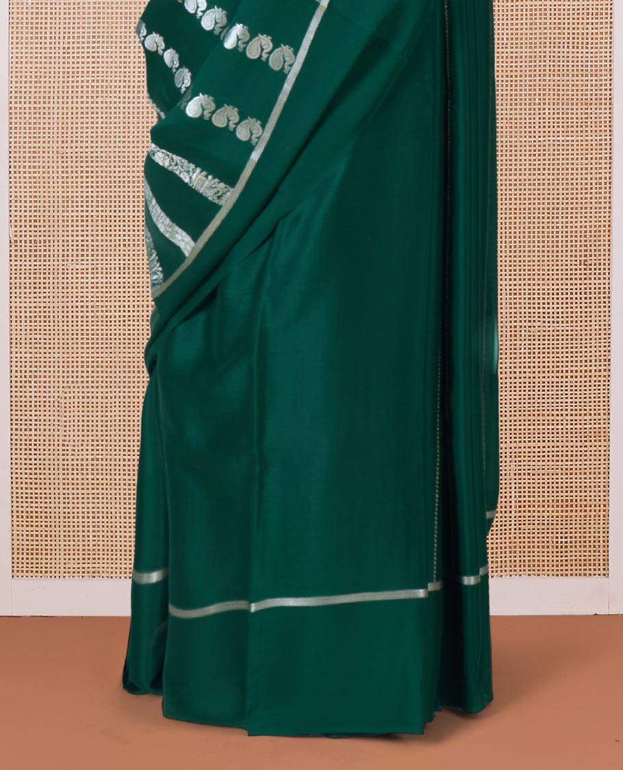 Green peacock, elephant, and floral creeper striped Mysore silk saree, self-border, and pallu of kanchipuram inspired flora-fauna designs
