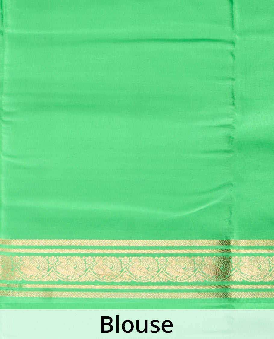 Blue plain Mysore silk saree, contrast traditional zari rettai pettu border, and zari striped pallu