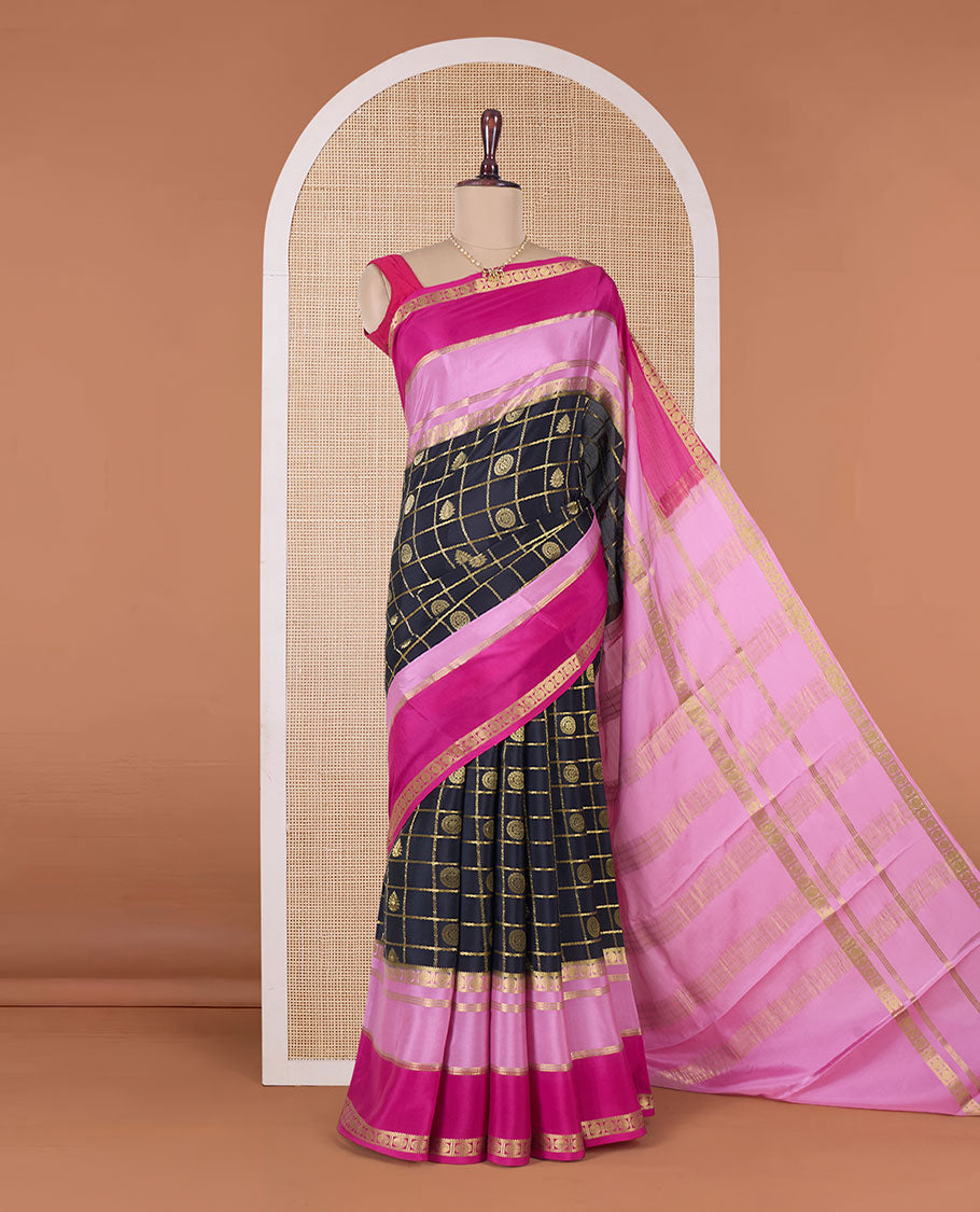 Black butta enclosed checked Mysore silk saree, contrast traditional zari border, and pallu of zari thick stripes