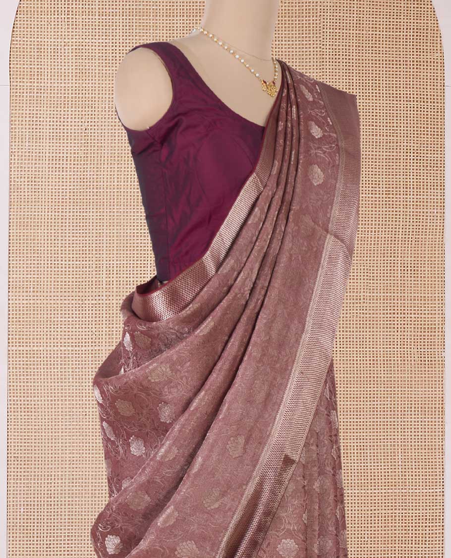 Brown floral jaal jacquard Mysore silk saree, traditional zari border, and jaal pallu