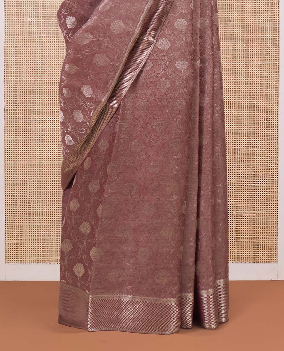Brown floral jaal jacquard Mysore silk saree, traditional zari border, and jaal pallu