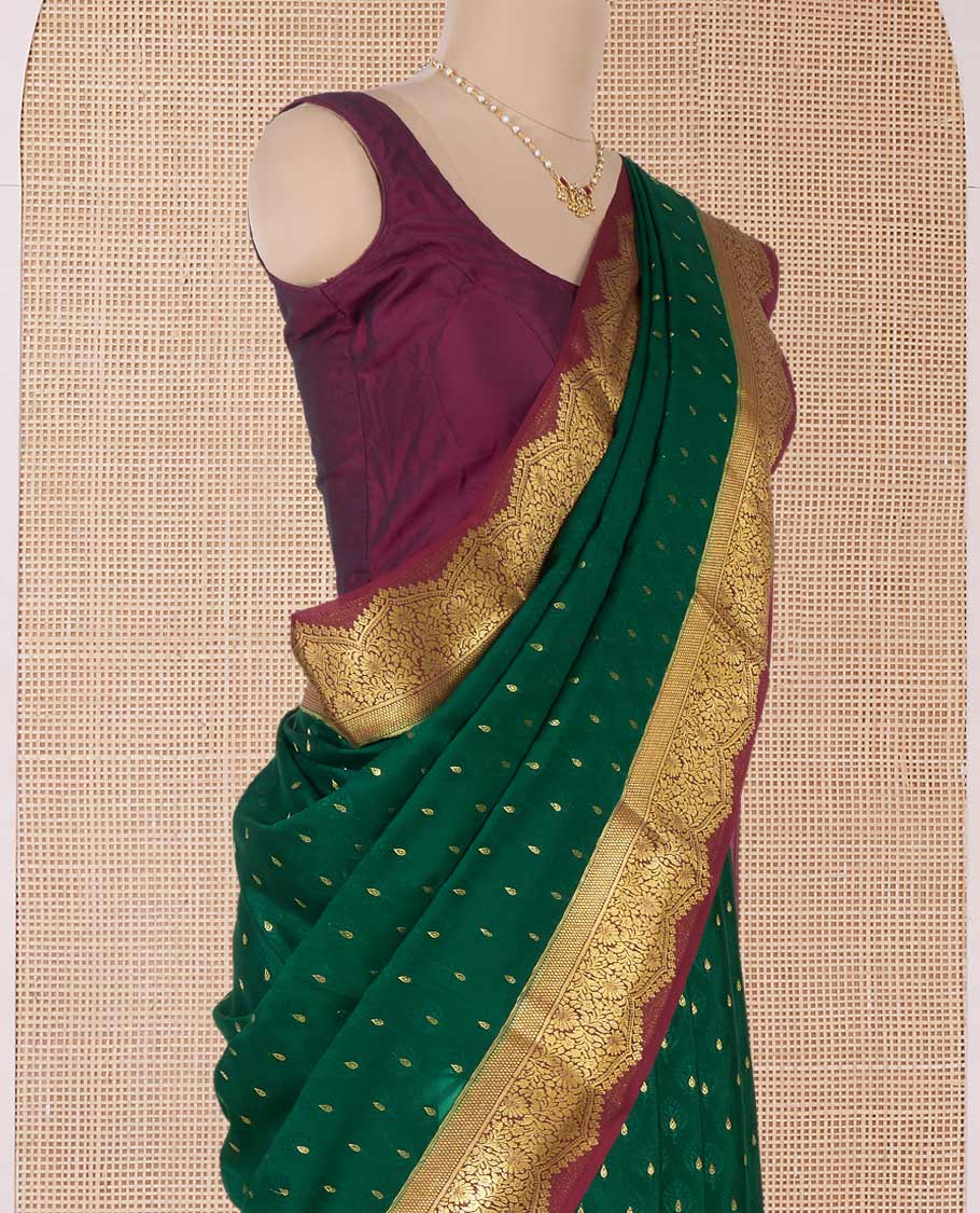Green zari buttas Mysore silk saree, contrast traditional zari border, and pallu of floral jaal designs