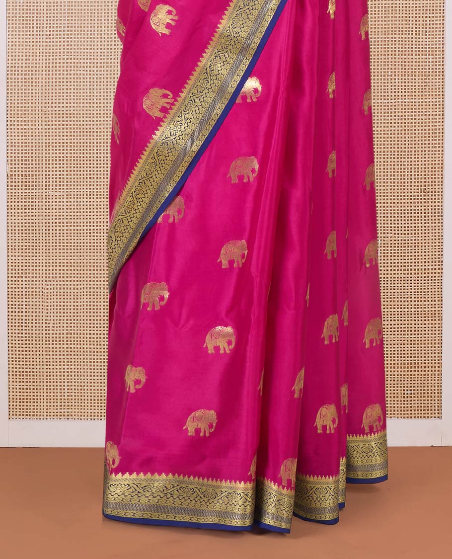 Pink elephant motifs woven Mysore silk saree, contrast traditional zari border, and pallu of big paisley designs