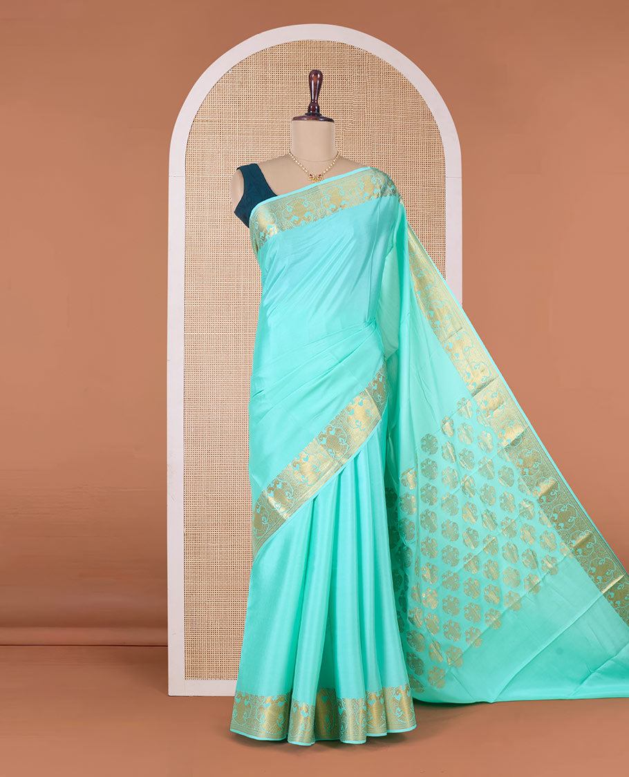 Green plain Mysore silk saree, two-headed eagle motifs zari border, and pallu