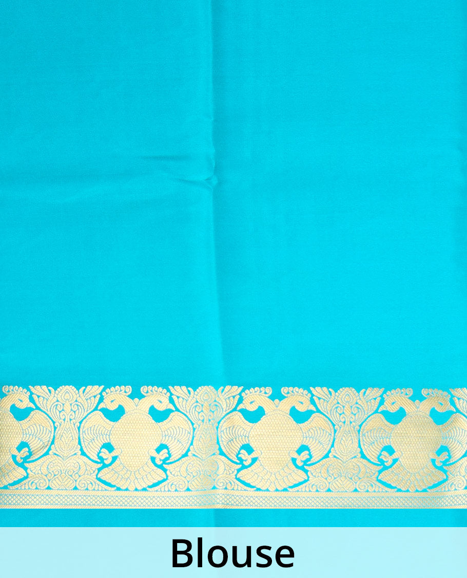 Blue plain Mysore silk saree, two-headed eagle motifs zari border, and pallu