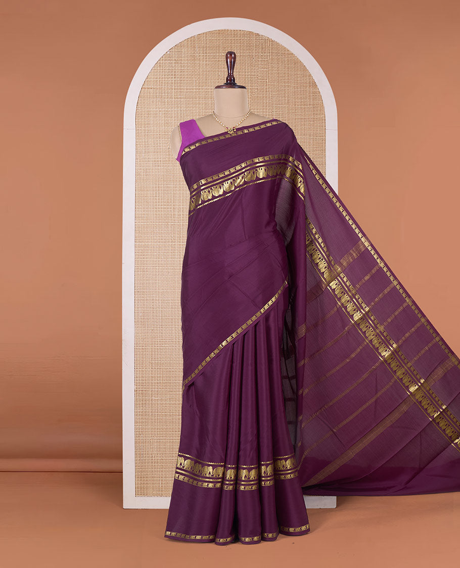 Purple plain Mysore silk saree, traditional zari border, and pallu of zari designs