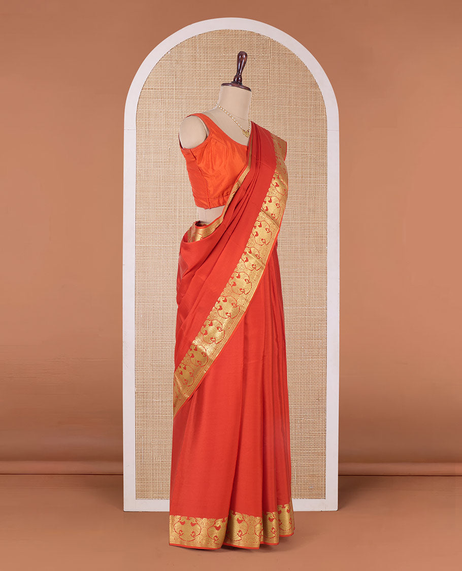 Orange plain Mysore silk saree, two-headed eagle motifs zari border, and pallu