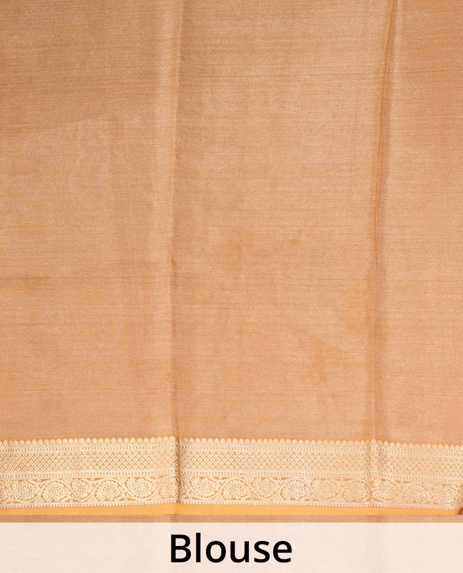 Light orange Pichwai cow motifs Mysore silk saree, traditional zari border, and intricately woven pallu