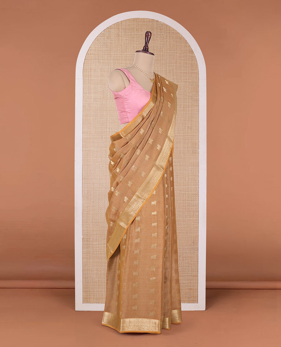 Light orange Pichwai cow motifs Mysore silk saree, traditional zari border, and intricately woven pallu