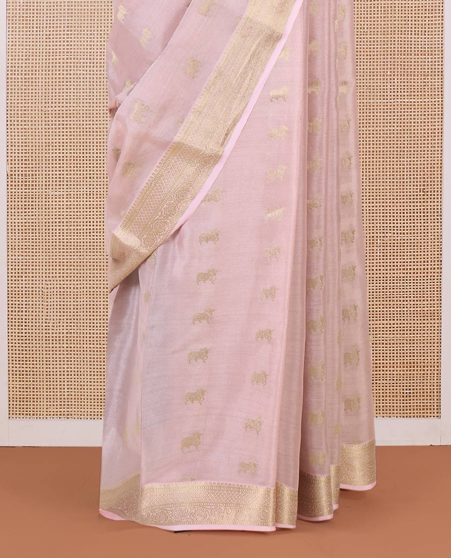 Peach Pichwai cow motifs Mysore silk saree, traditional zari border, and intricately woven pallu