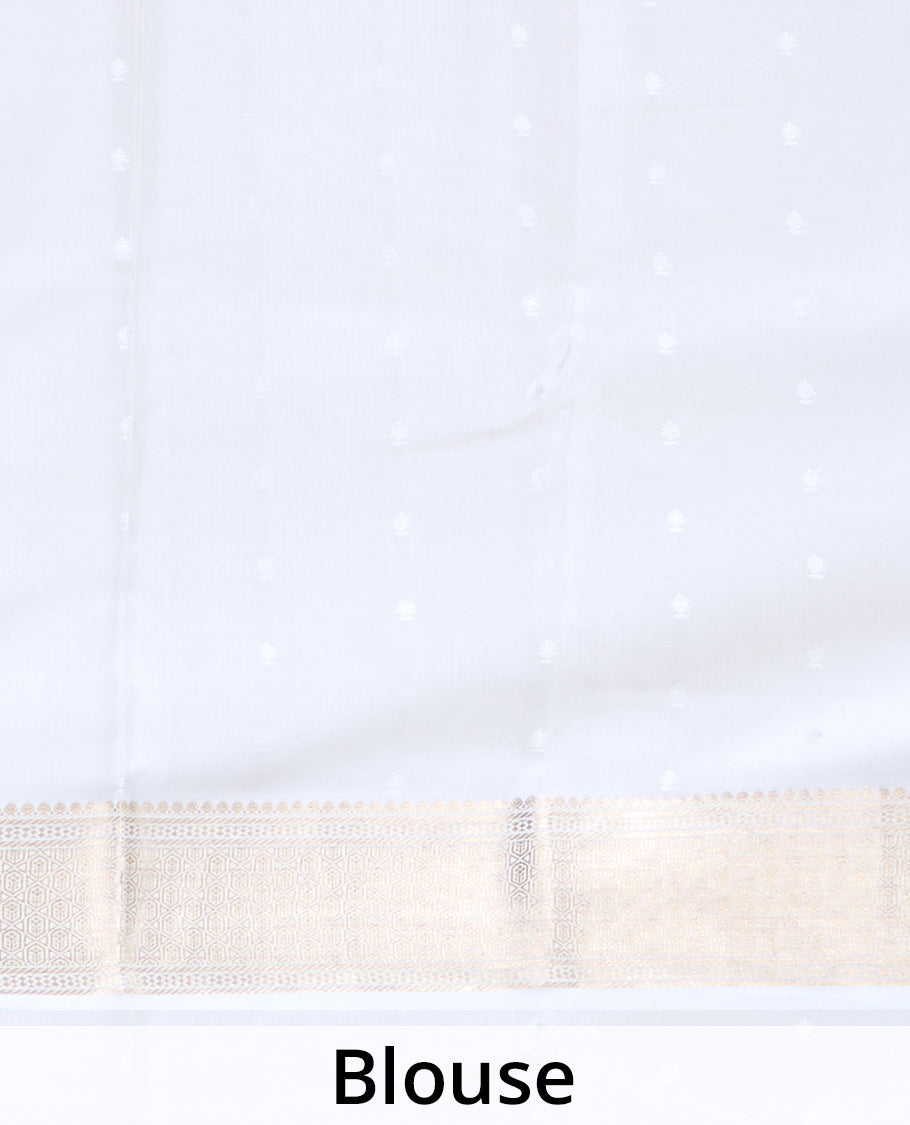 Rust zari buttas Mysore silk saree, contrast traditional zari border, and zari rich jaal pallu