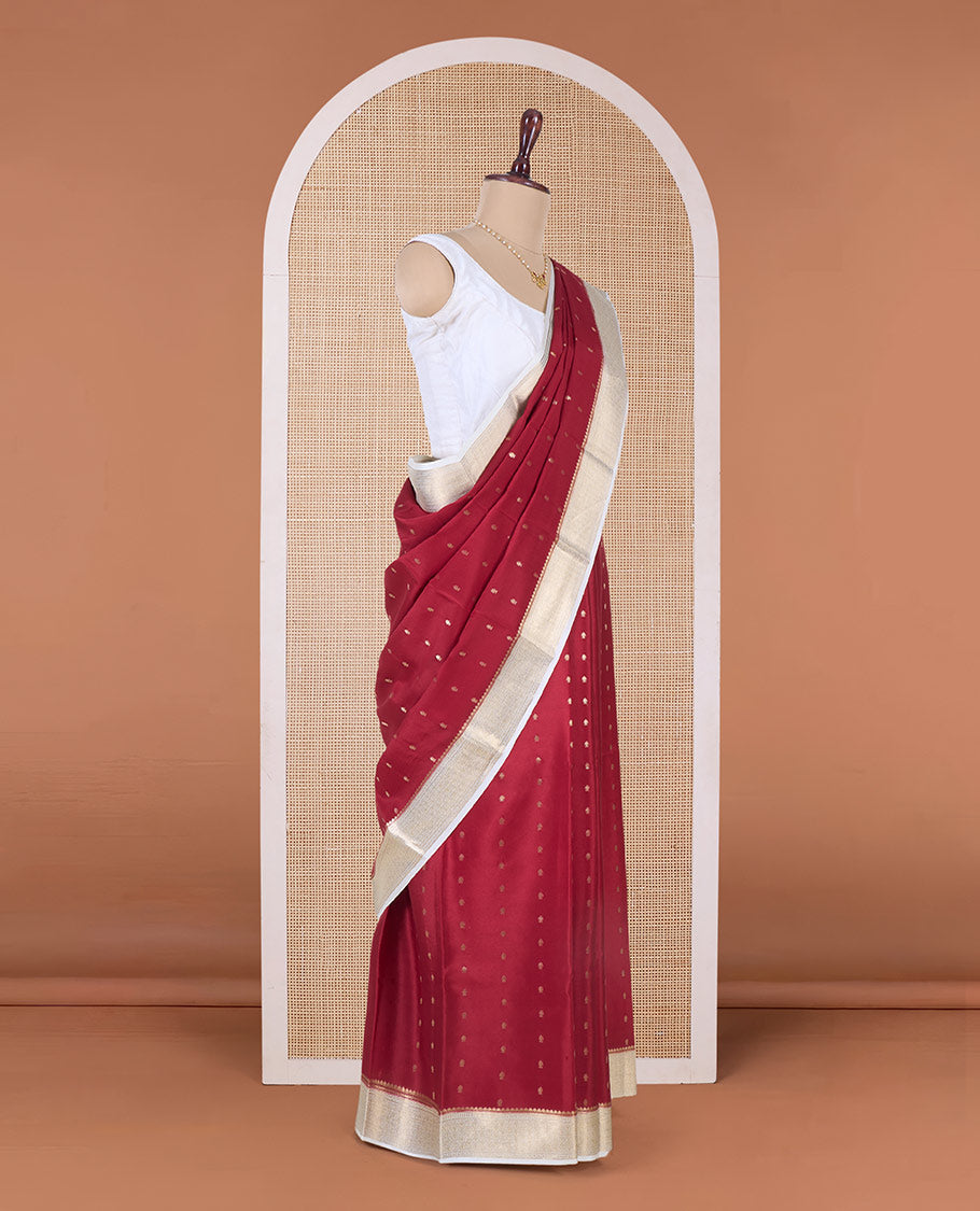 Rust zari buttas Mysore silk saree, contrast traditional zari border, and zari rich jaal pallu