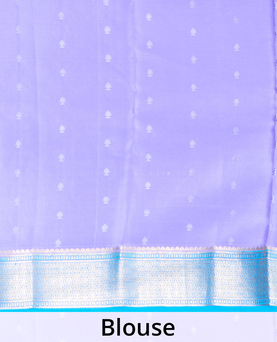 Blue zari buttas Mysore silk saree, contrast traditional zari border, and zari rich jaal pallu