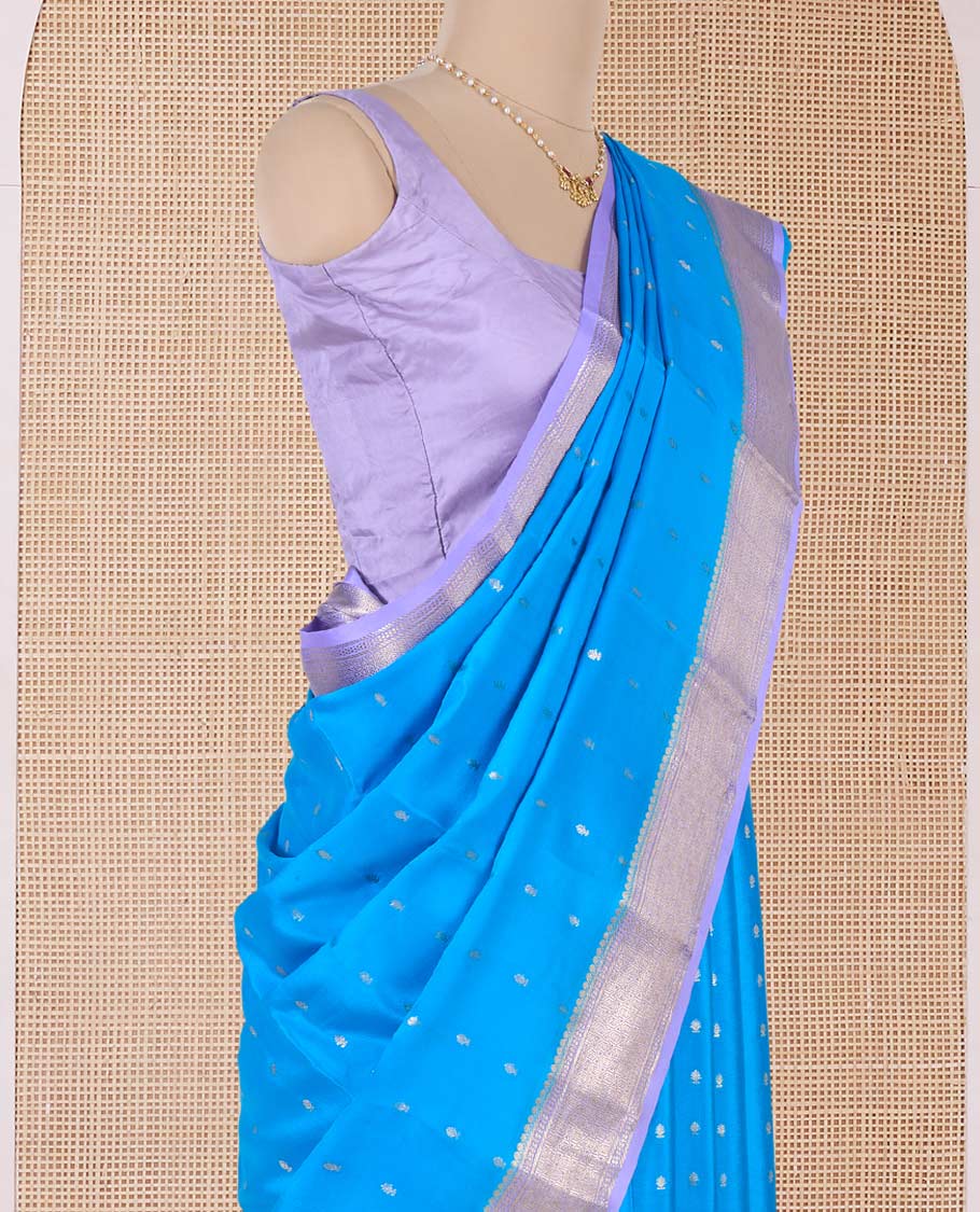 Blue zari buttas Mysore silk saree, contrast traditional zari border, and zari rich jaal pallu