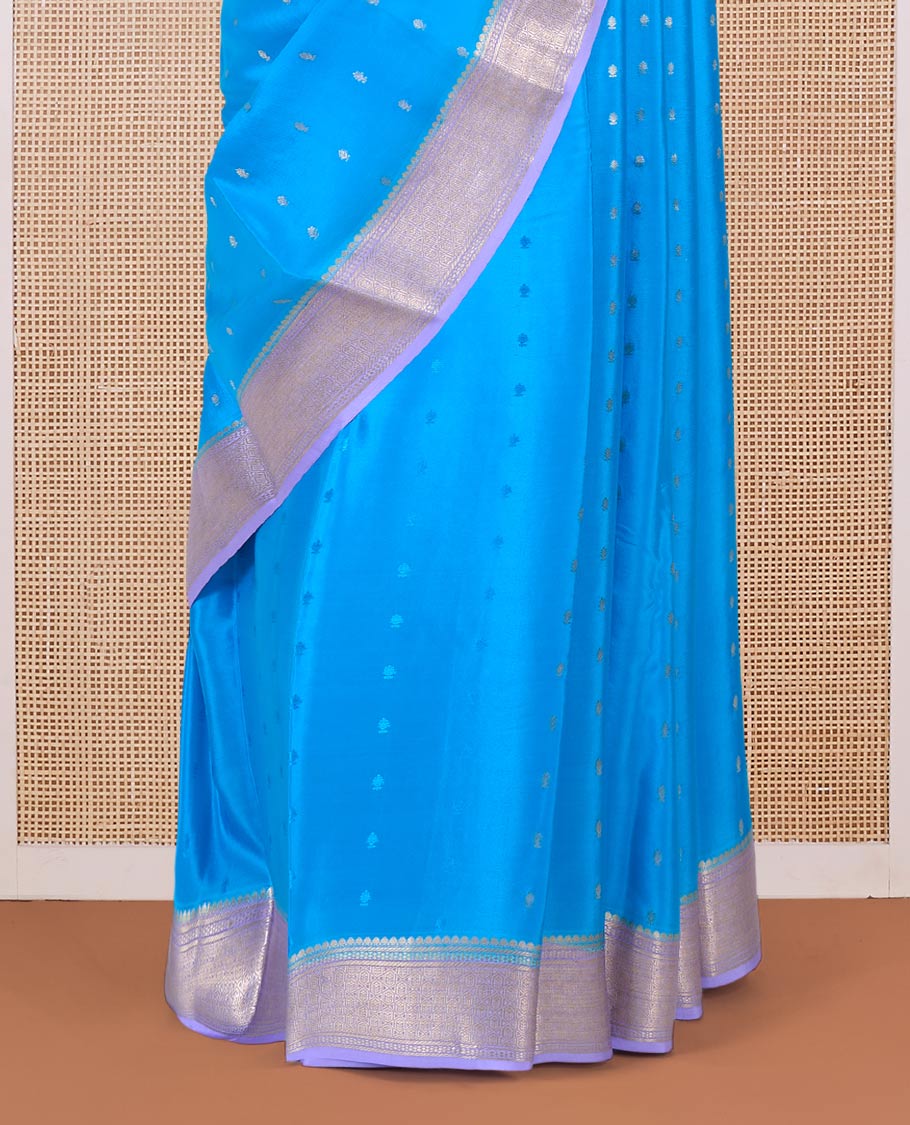 Blue zari buttas Mysore silk saree, contrast traditional zari border, and zari rich jaal pallu