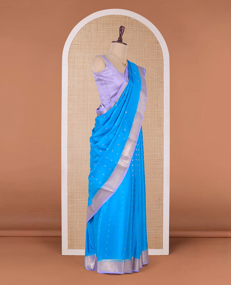 Blue zari buttas Mysore silk saree, contrast traditional zari border, and zari rich jaal pallu