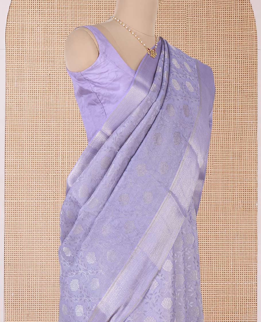 Lavender floral jaal jacquard Mysore silk saree, traditional zari border, and jaal pallu