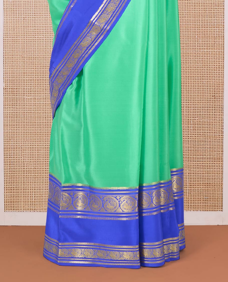 Green plain design Mysore silk saree, contrast rettai pettu traditional zari border, and zari striped pallu