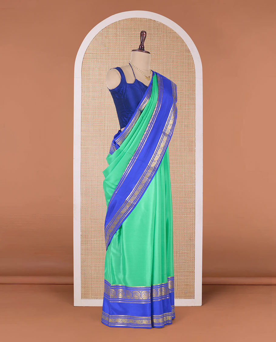 Green plain design Mysore silk saree, contrast rettai pettu traditional zari border, and zari striped pallu