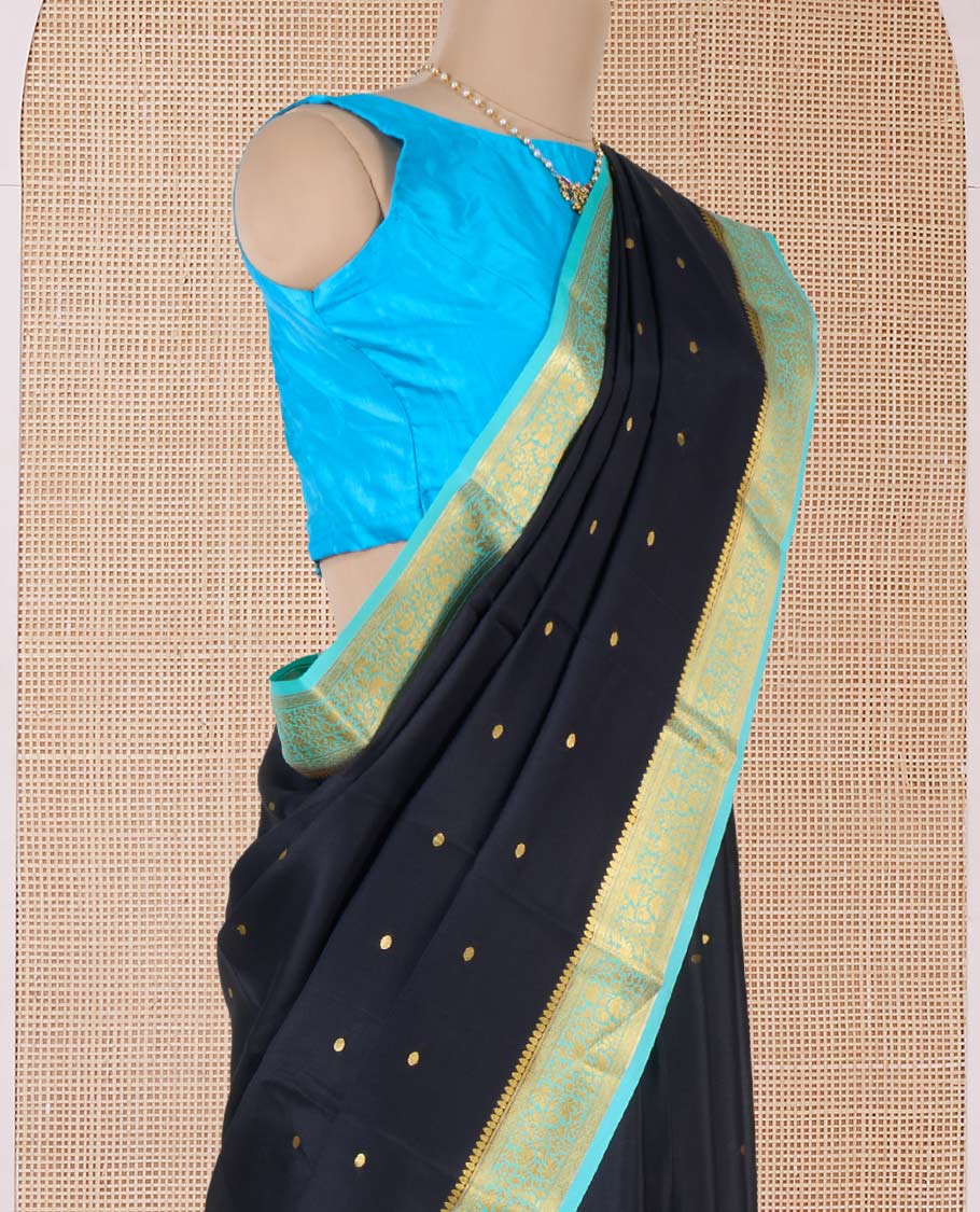 Black zari buttas Mysore silk saree, contrast floral creeper zari border, and pallu of zari buttas