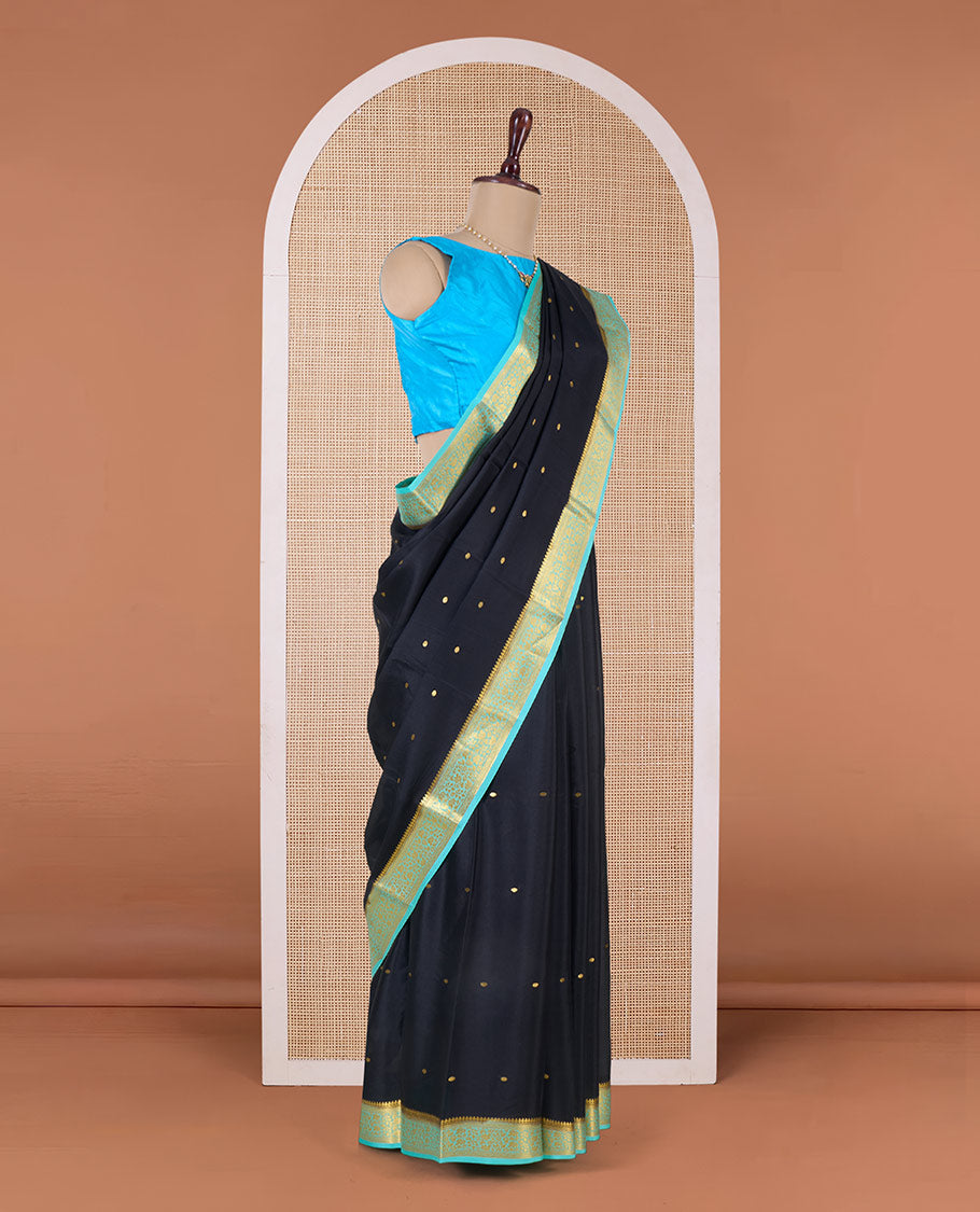 Black zari buttas Mysore silk saree, contrast floral creeper zari border, and pallu of zari buttas