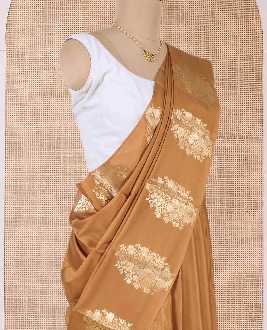 Mustard plain Mysore silk saree, floral bouquet zari border, and zari striped pallu