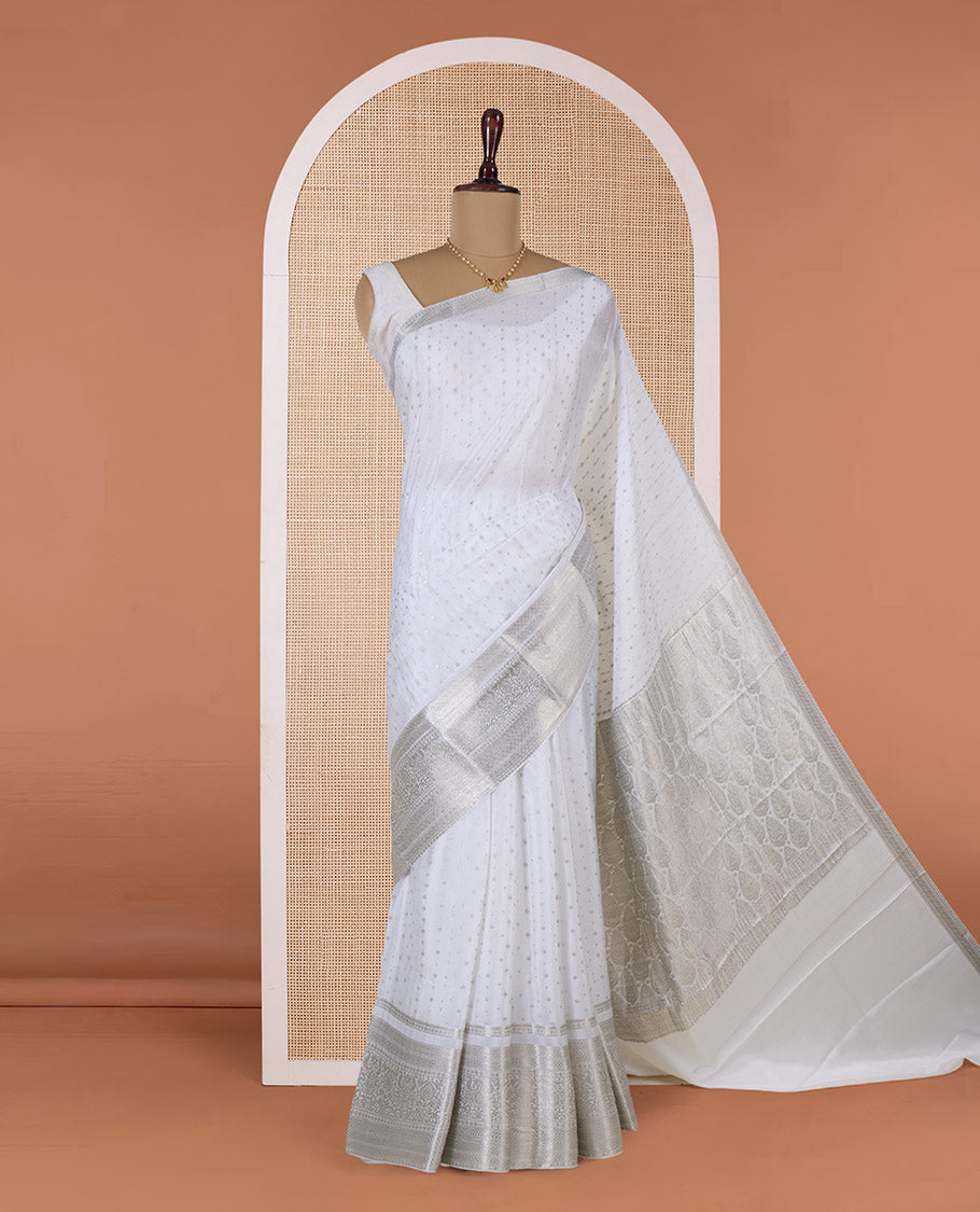 White zari buttas Mysore silk saree, traditional zari border, and intricate pallu