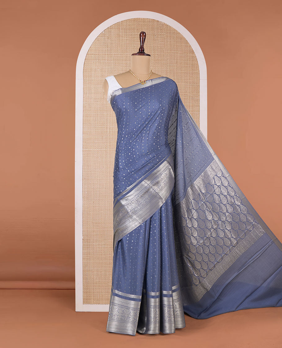Grey zari buttas Mysore silk saree, traditional zari border, and intricate pallu