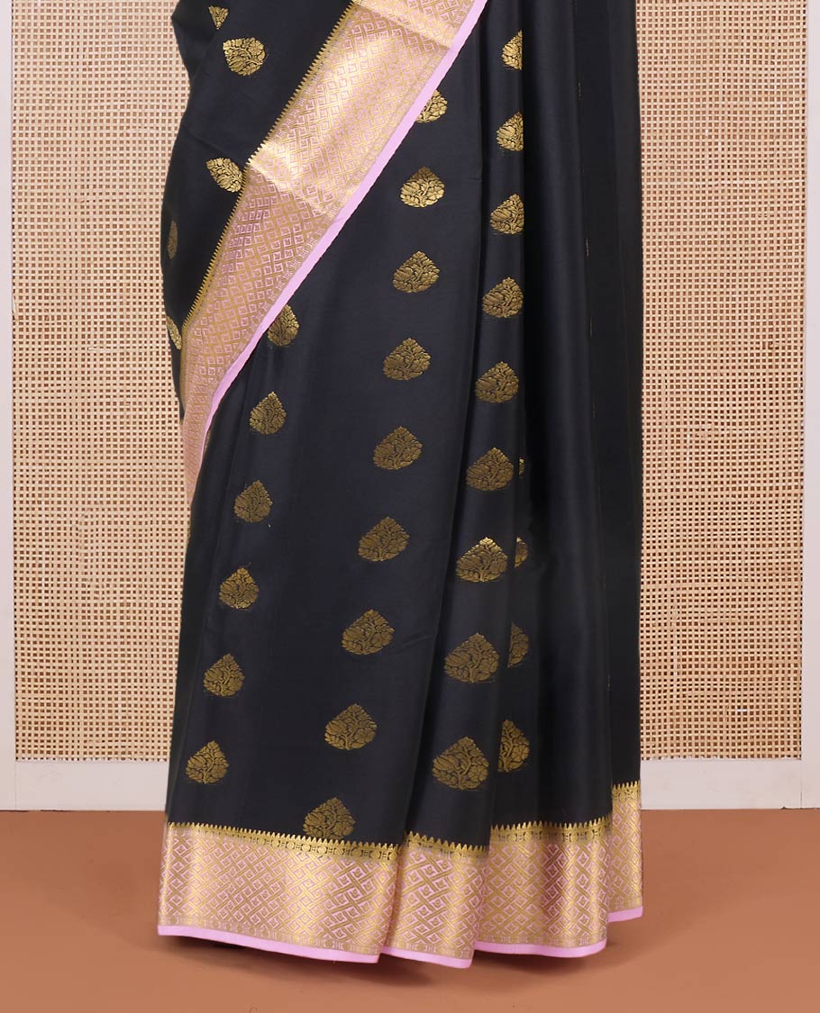 Black zari buttas Mysore silk saree, contrast jaal patterned border, and traditional zari design pallu