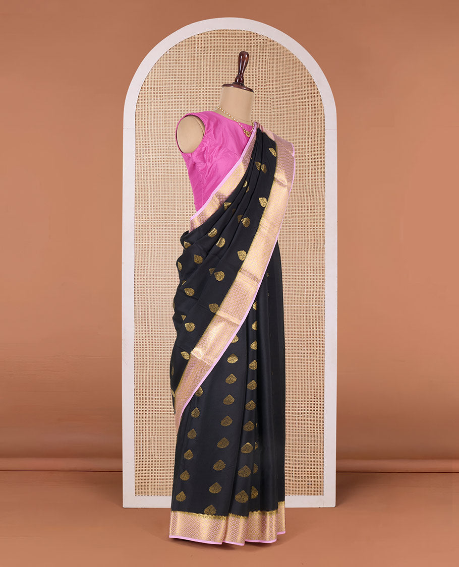 Black zari buttas Mysore silk saree, contrast jaal patterned border, and traditional zari design pallu